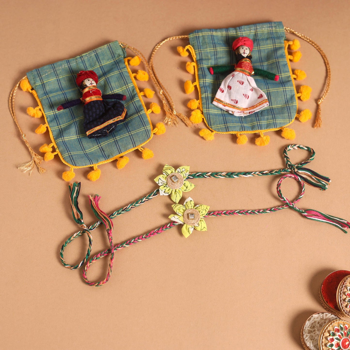  Handmade Fabric Flower Jute Rakhi (Set of 2)