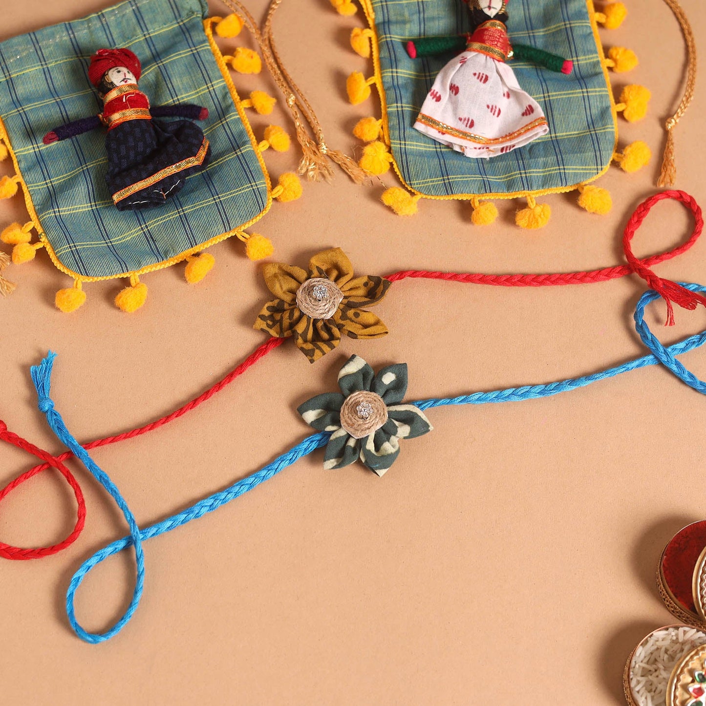  Handmade Fabric Flower Jute Rakhi (Set of 2)