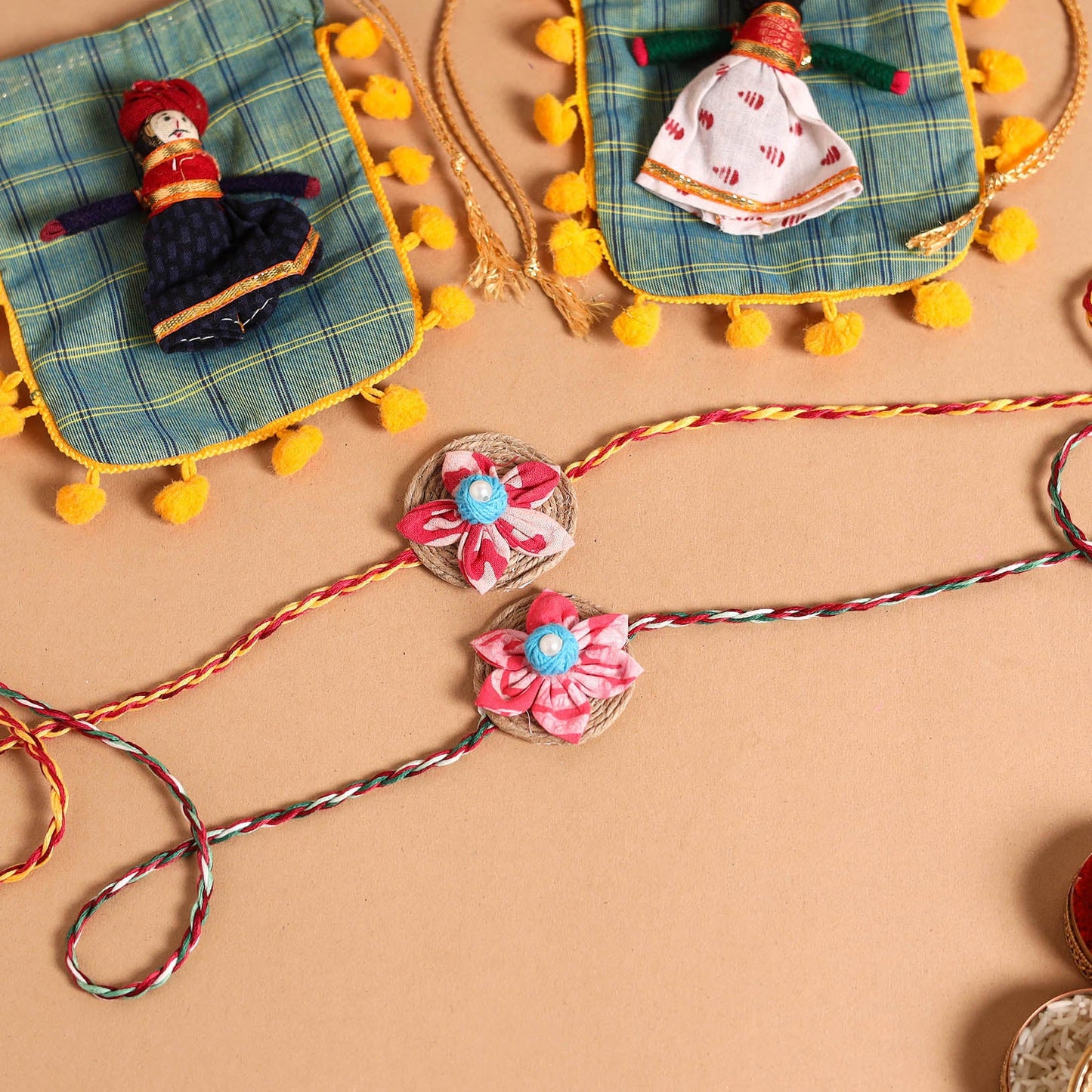  Handmade Fabric Flower Jute Rakhi (Set of 2)
