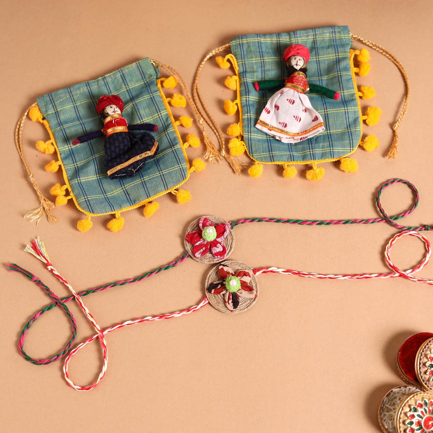  Handmade Fabric Flower Jute Rakhi (Set of 2)