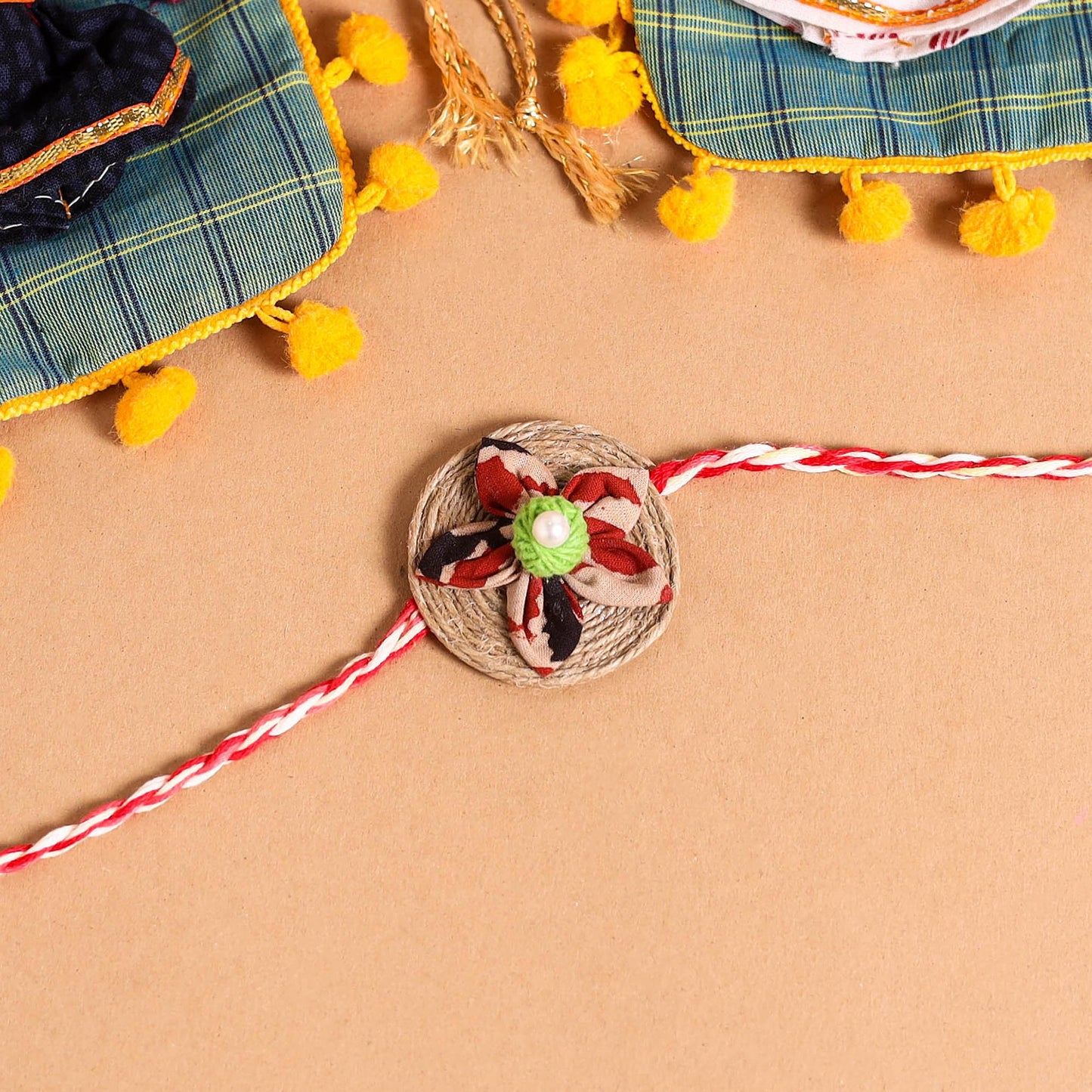  Handmade Fabric Flower Jute Rakhi (Set of 2)