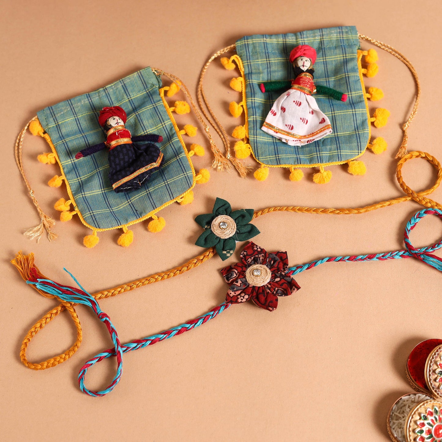  Handmade Fabric Flower Jute Rakhi (Set of 2)
