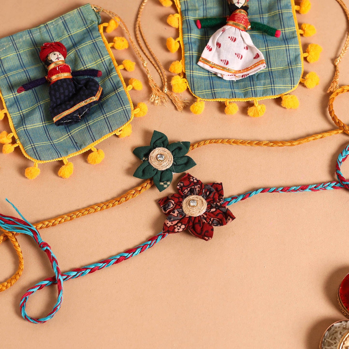  Handmade Fabric Flower Jute Rakhi (Set of 2)