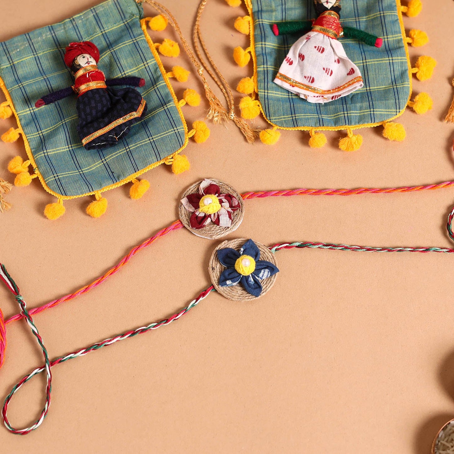  Handmade Fabric Flower Jute Rakhi (Set of 2)