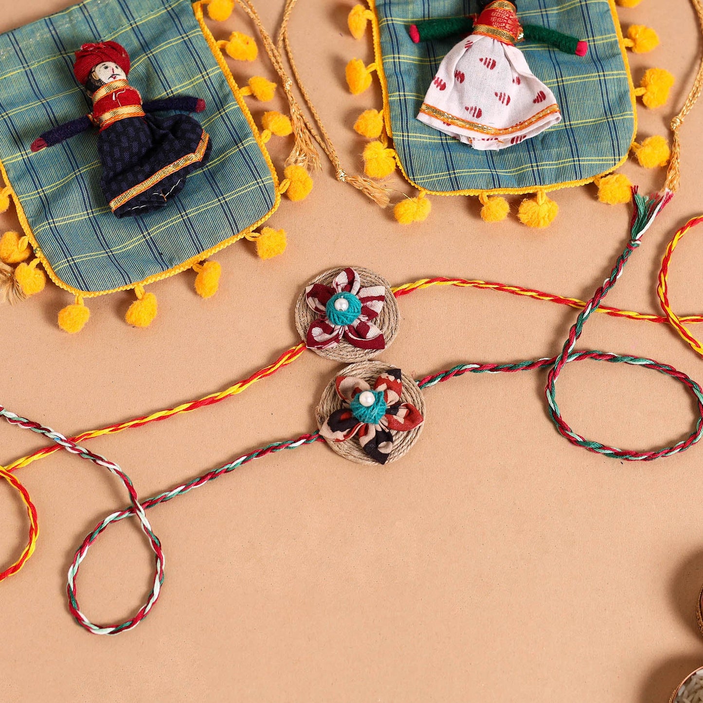  Handmade Fabric Flower Jute Rakhi (Set of 2)