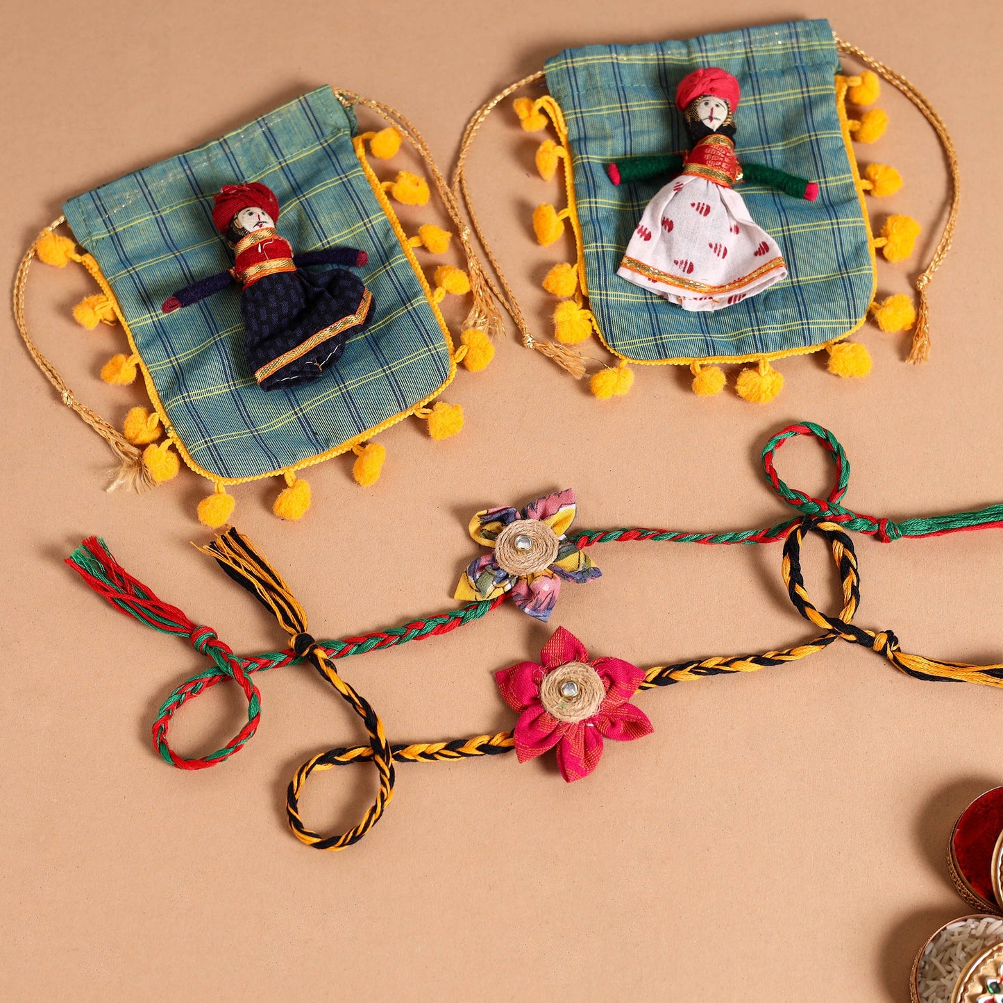  Handmade Fabric Flower Jute Rakhi (Set of 2)