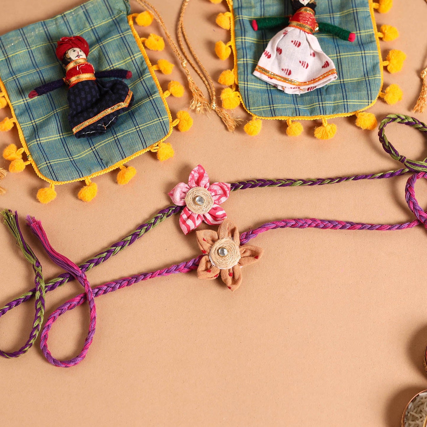  Handmade Fabric Flower Jute Rakhi (Set of 2)
