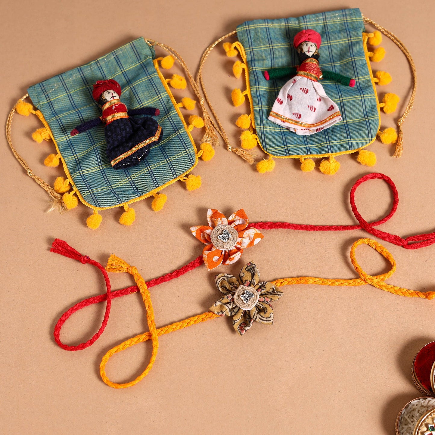  Handmade Fabric Flower Jute Rakhi (Set of 2)