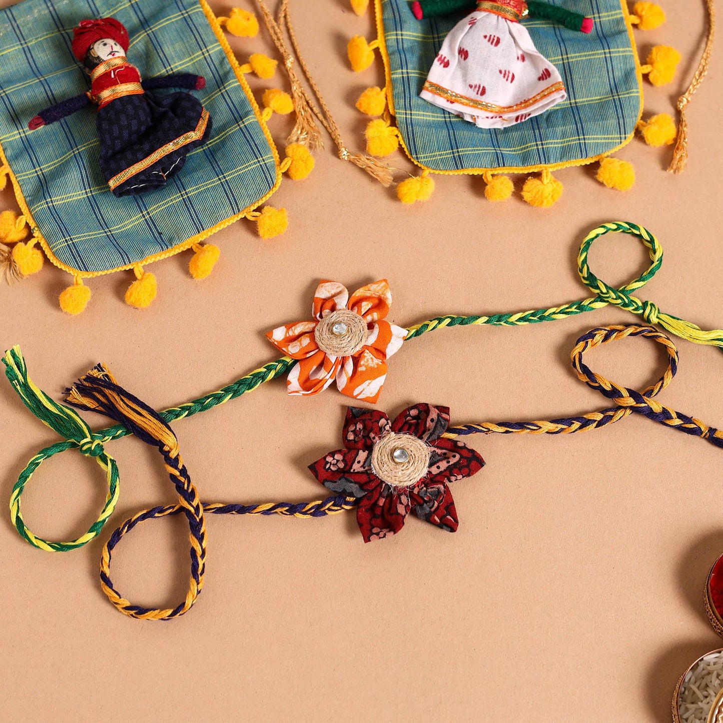  Handmade Fabric Flower Jute Rakhi (Set of 2)