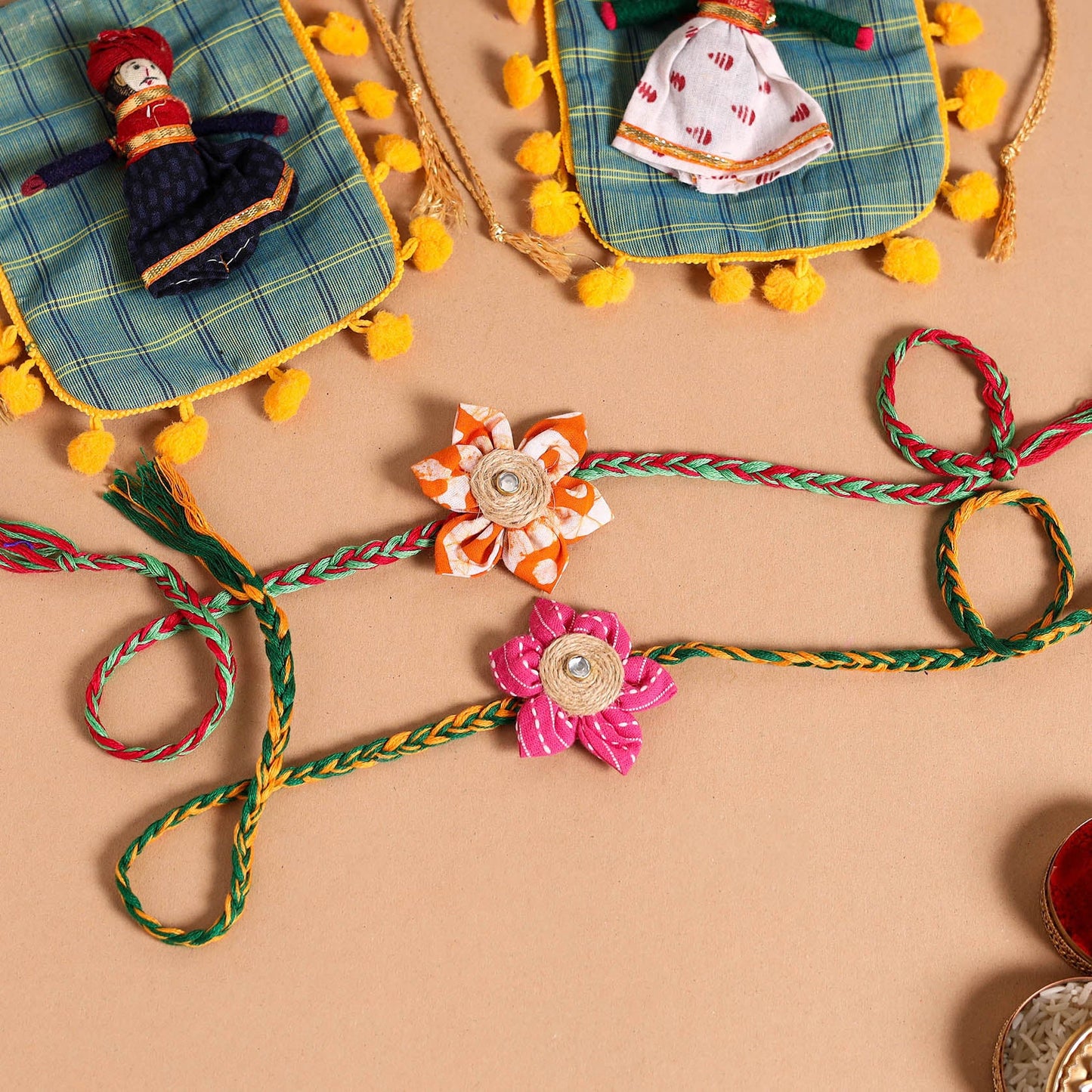  Handmade Fabric Flower Jute Rakhi (Set of 2)