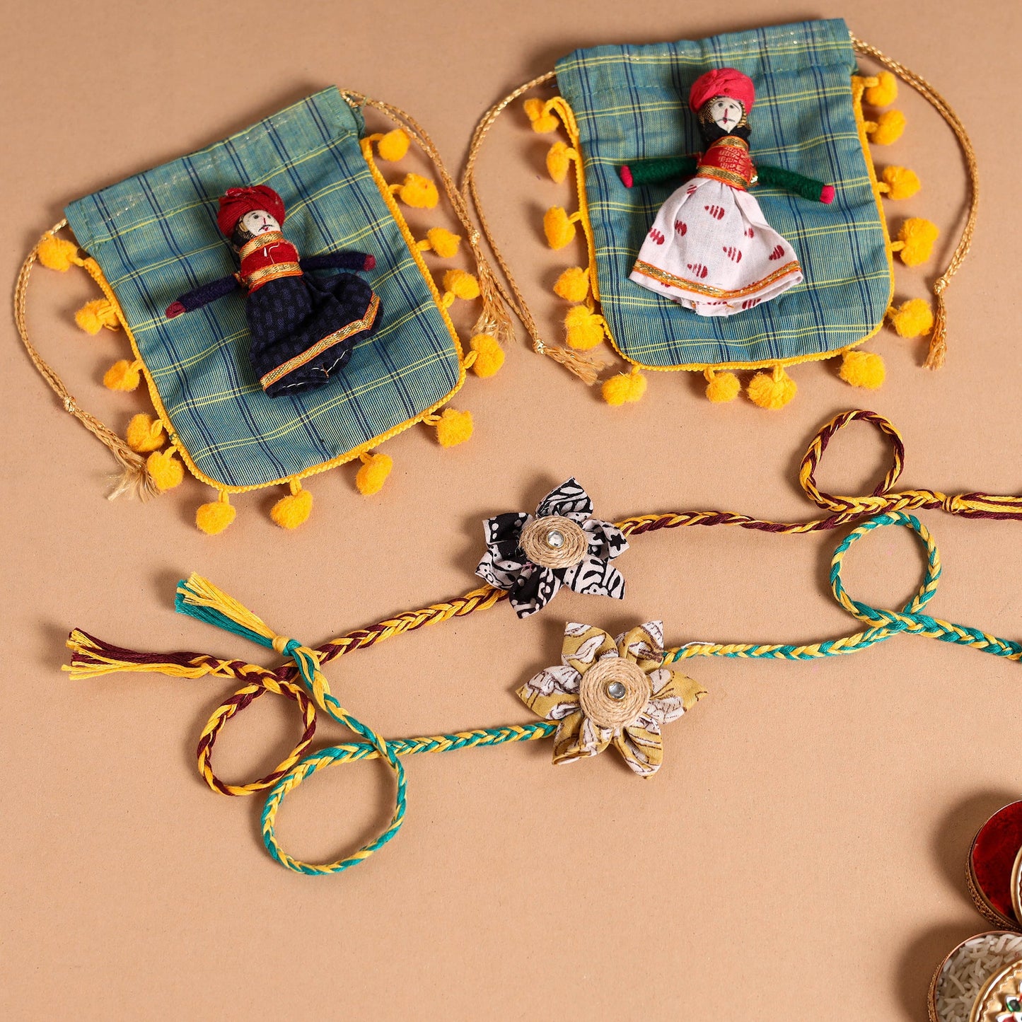  Handmade Fabric Flower Jute Rakhi (Set of 2)