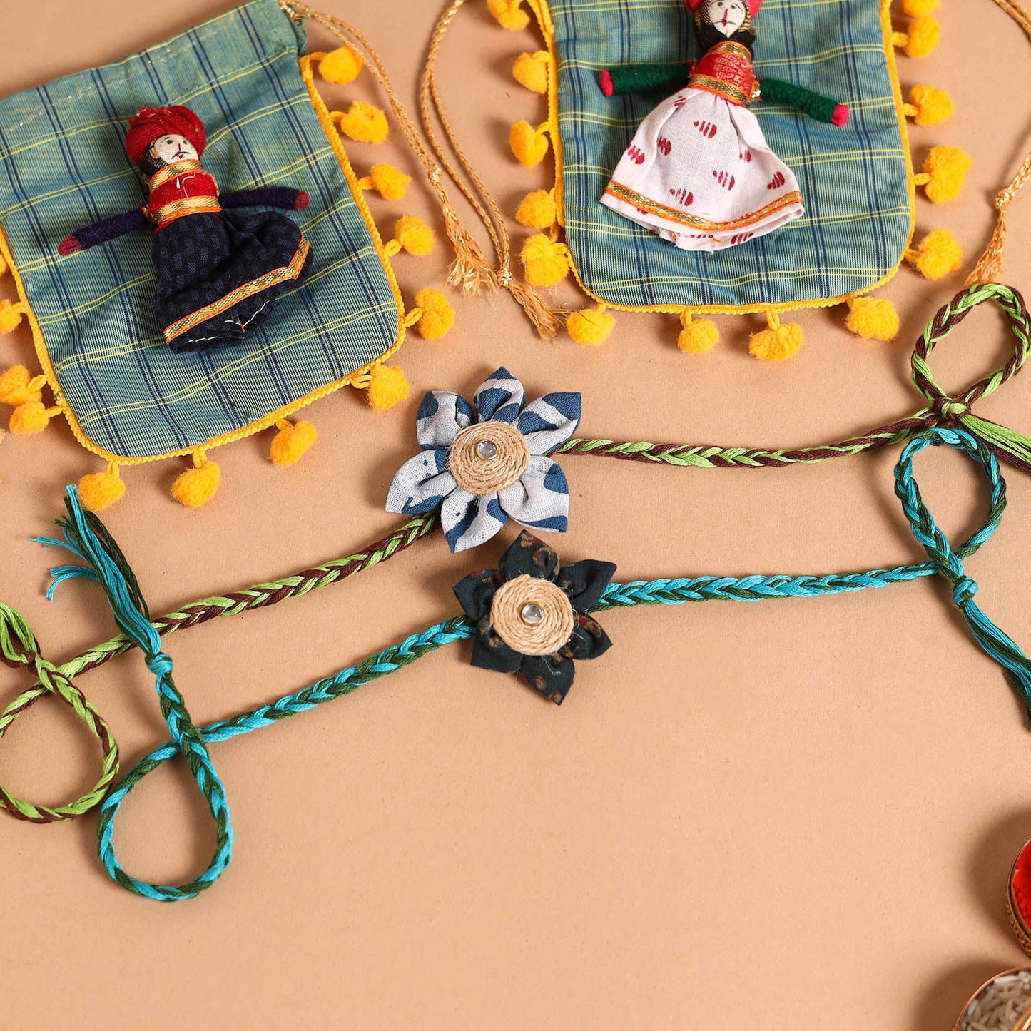  Handmade Fabric Flower Jute Rakhi (Set of 2)