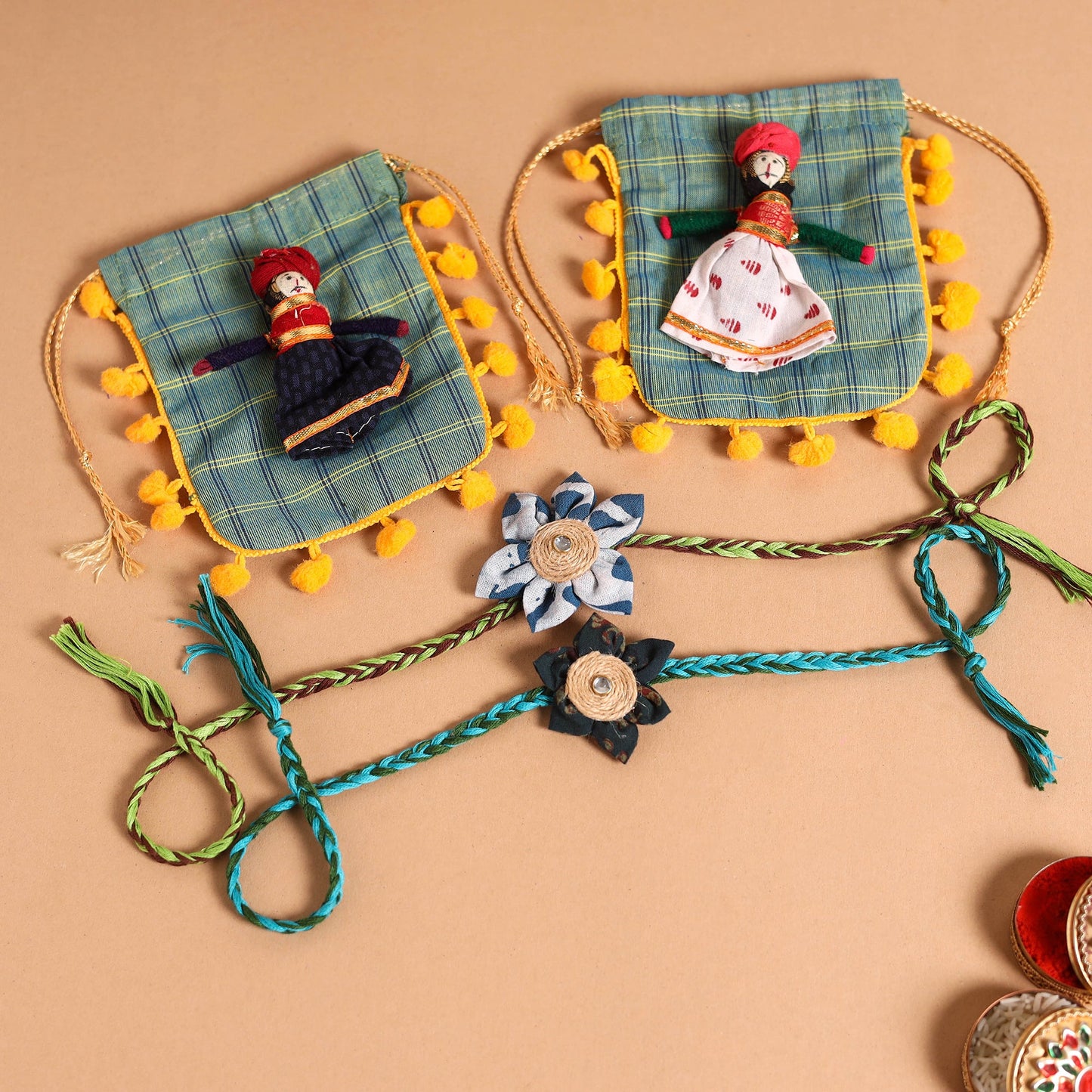  Handmade Fabric Flower Jute Rakhi (Set of 2)