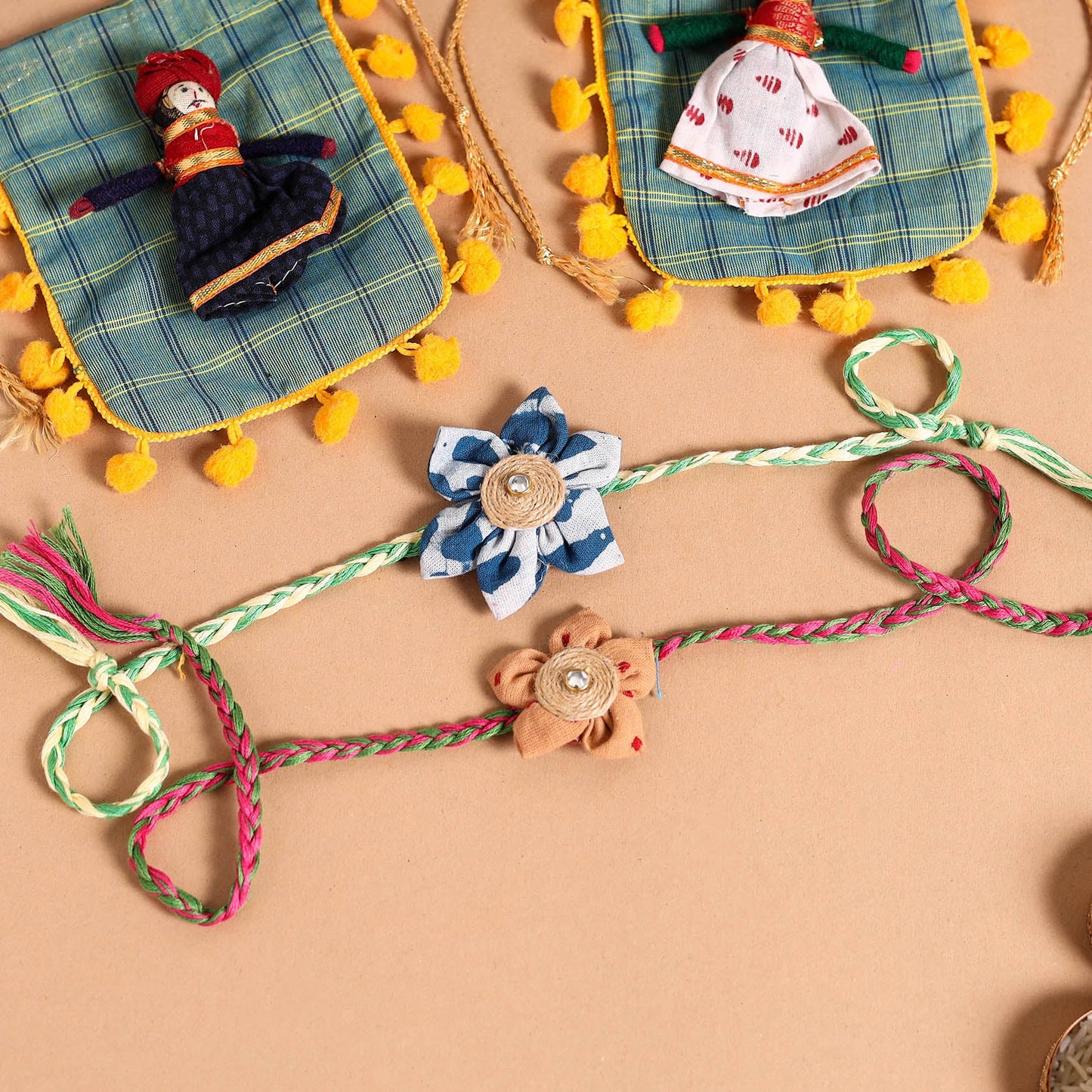  Handmade Fabric Flower Jute Rakhi (Set of 2)