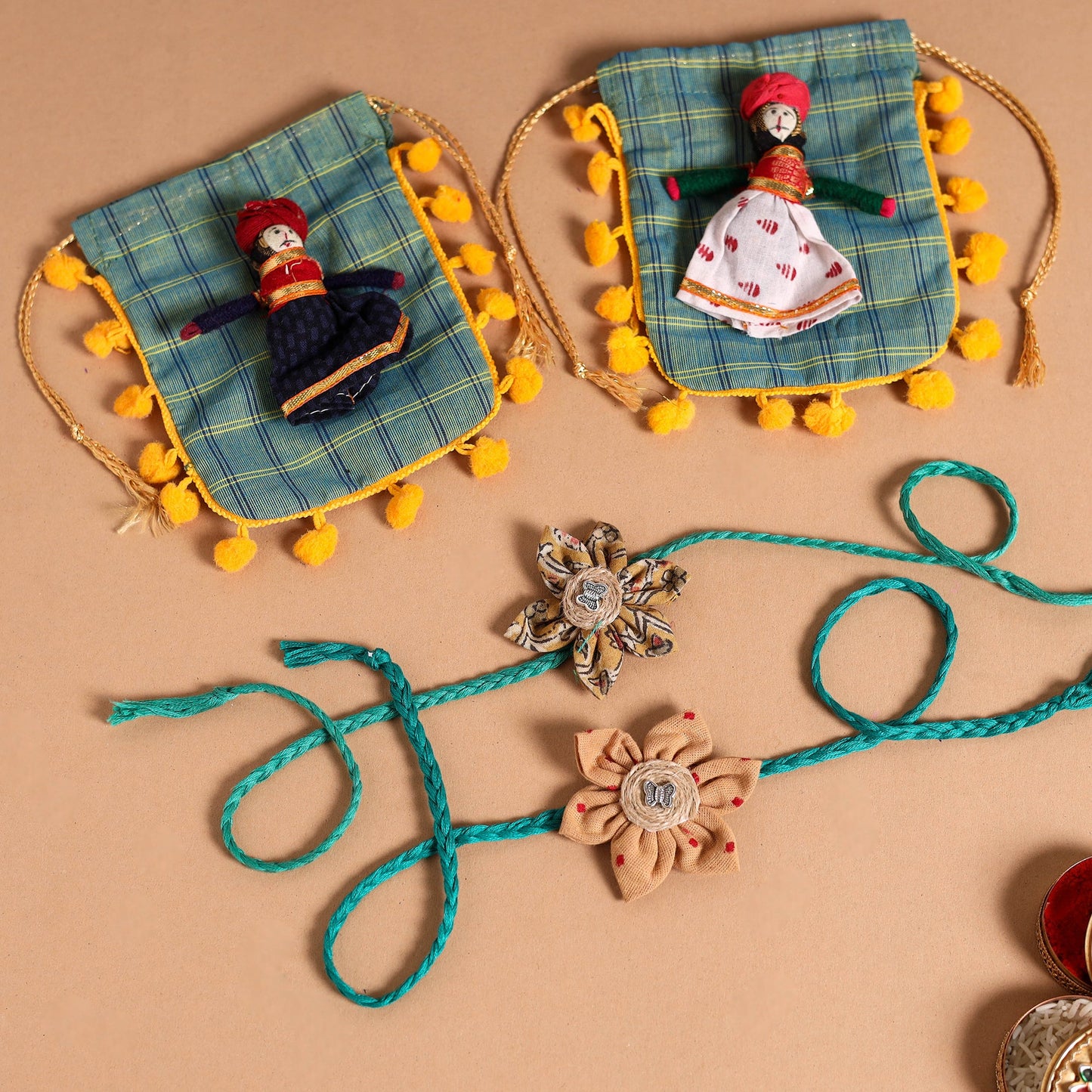 Handmade Fabric Flower Jute Rakhi (Set of 2)