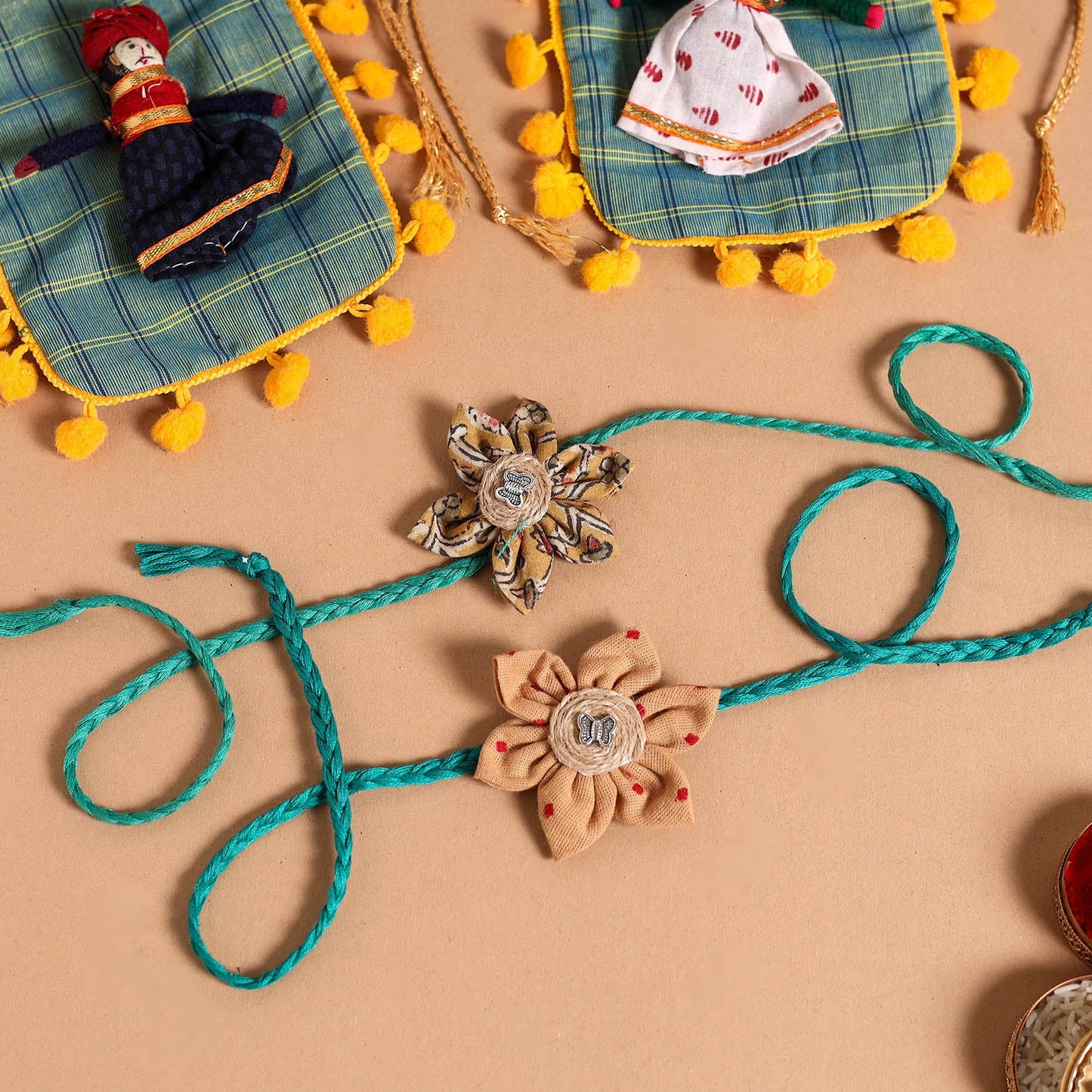  Handmade Fabric Flower Jute Rakhi (Set of 2)