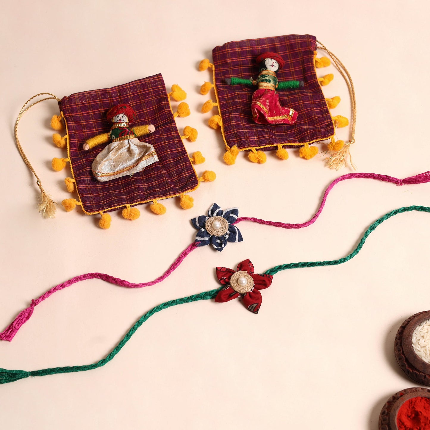  Handmade Fabric Flower Rakhi (Set of 2)