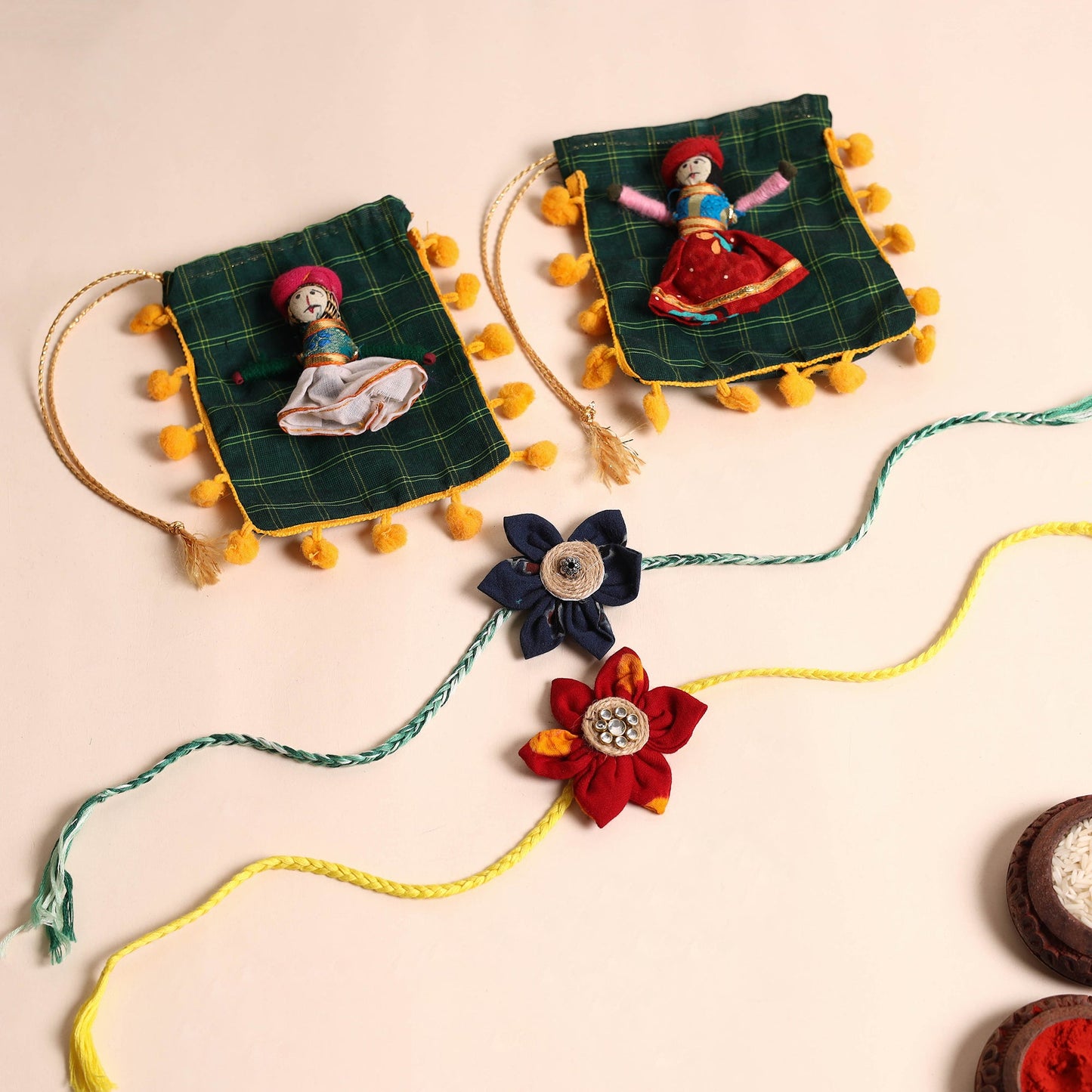  Handmade Fabric Flower Rakhi (Set of 2)