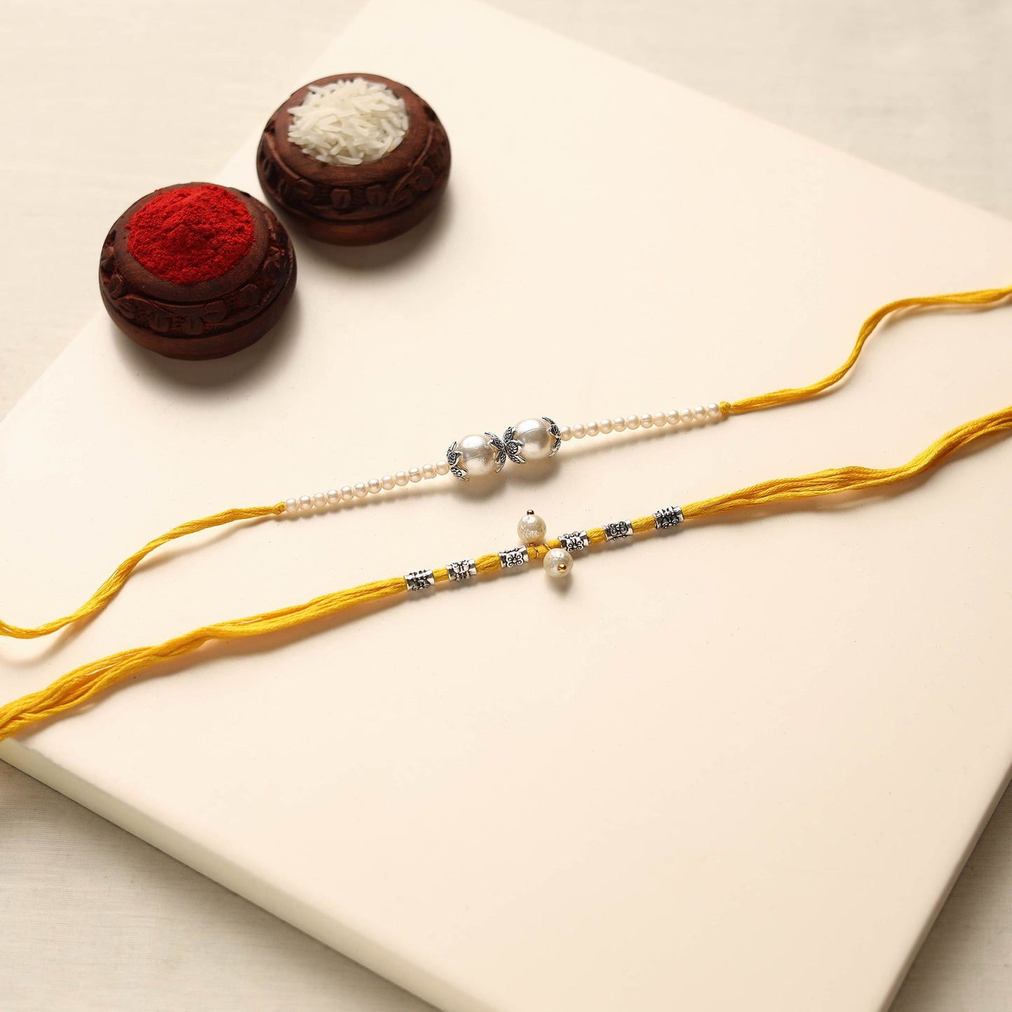  Handmade German Silver Pearl Rakhi & Lumba Set 