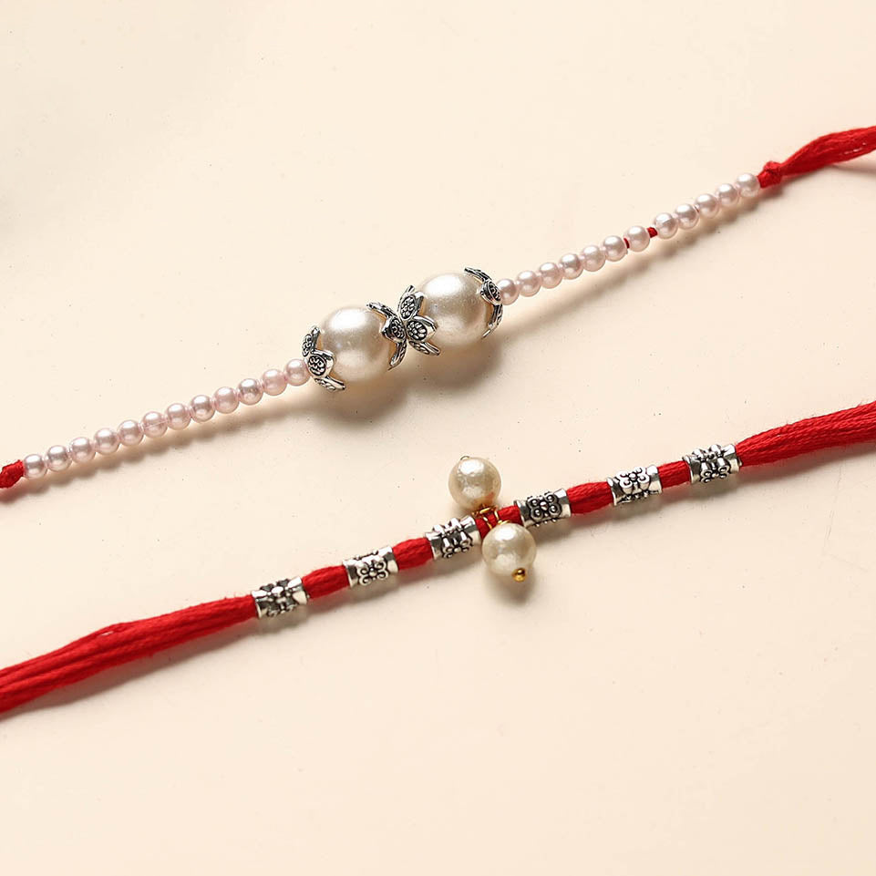  Handmade German Silver Pearl Rakhi & Lumba Set 