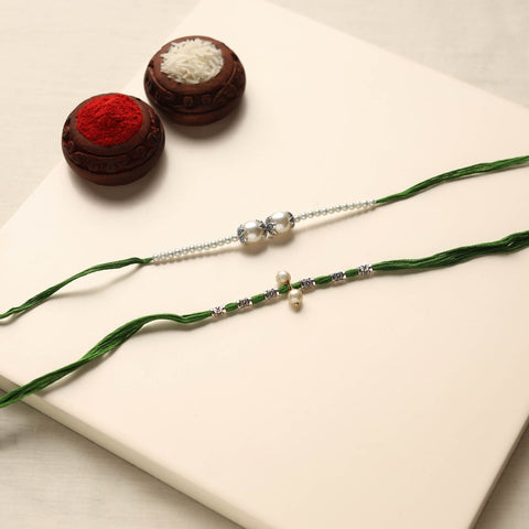  Handmade German Silver Pearl Rakhi & Lumba Set 