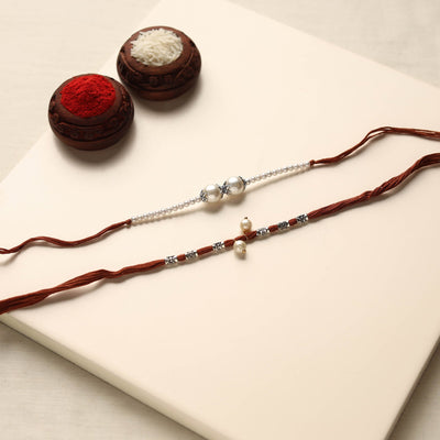  Handmade German Silver Pearl Rakhi & Lumba Set 