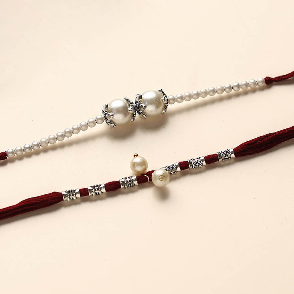  Handmade German Silver Pearl Rakhi & Lumba Set 