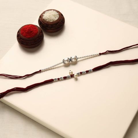  Handmade German Silver Pearl Rakhi & Lumba Set 