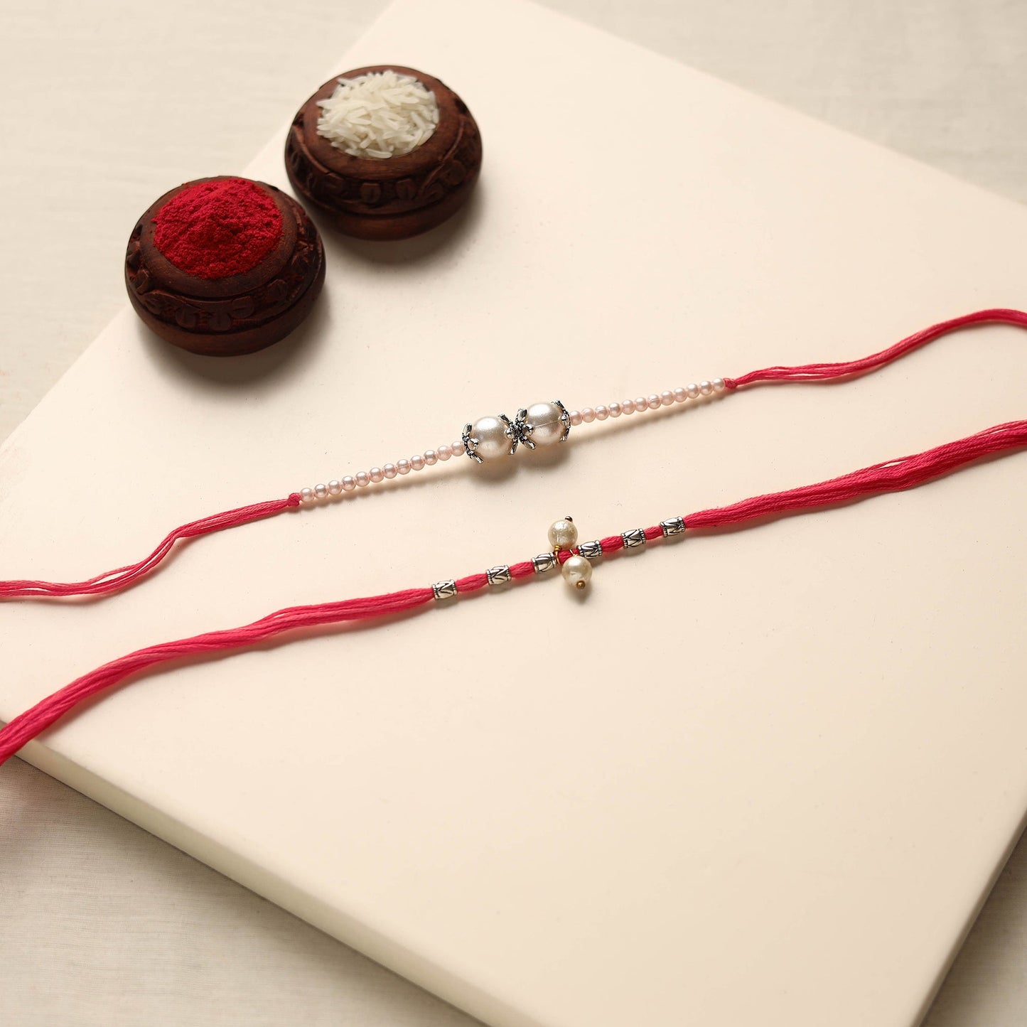  Handmade German Silver Pearl Rakhi & Lumba Set 