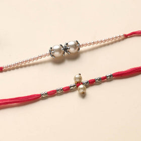  Handmade German Silver Pearl Rakhi & Lumba Set 