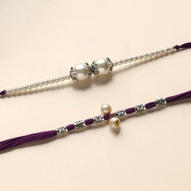  Handmade German Silver Pearl Rakhi & Lumba Set 