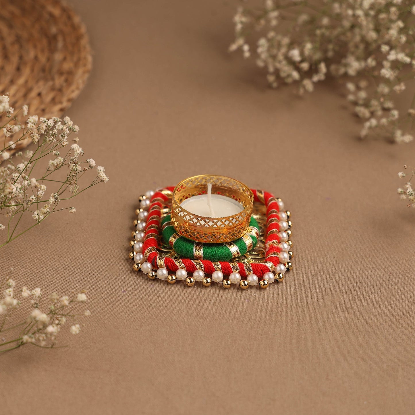 Handmade gota & bead work square tealight candle holder 20