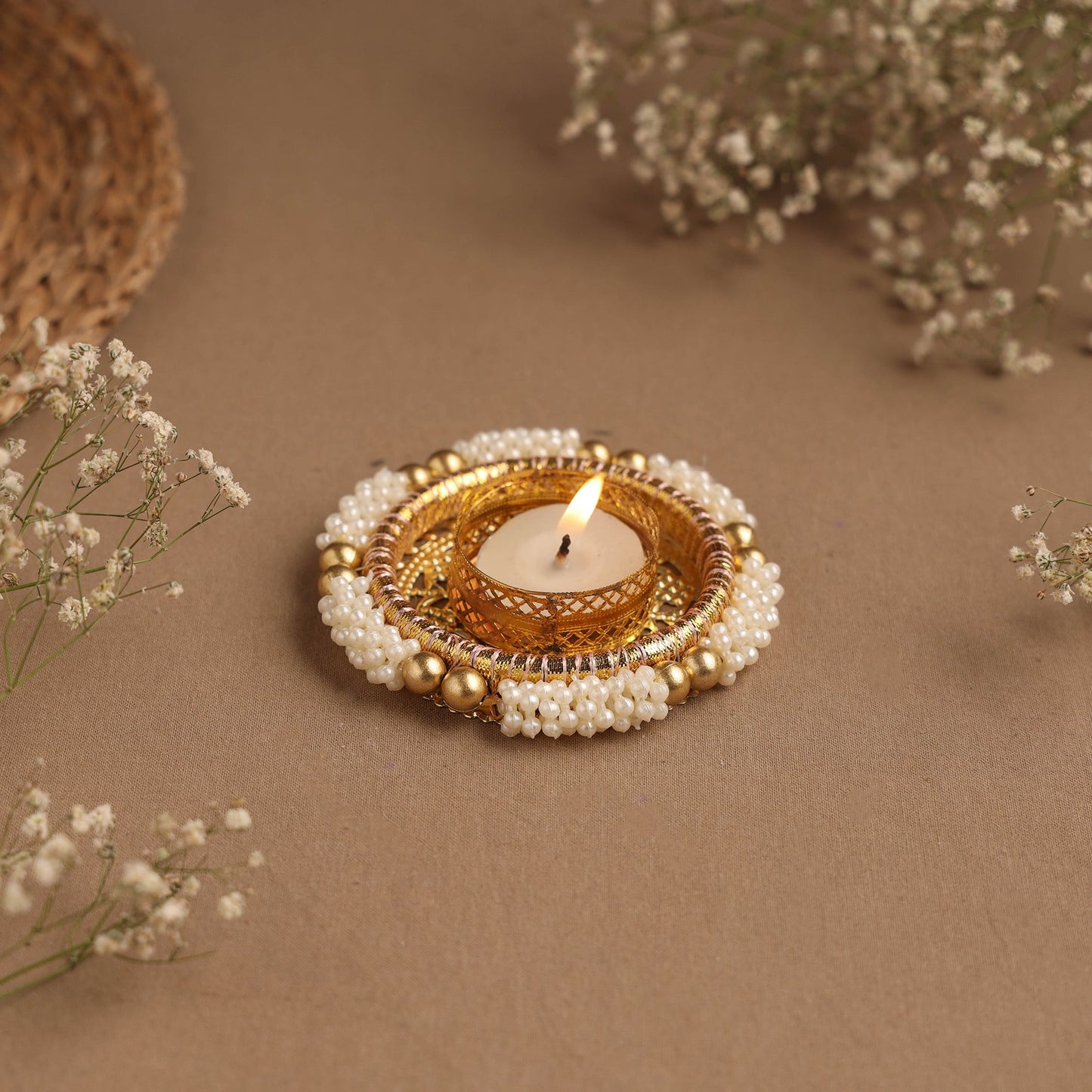 Handmade gota & bead work tealight candle holder 11