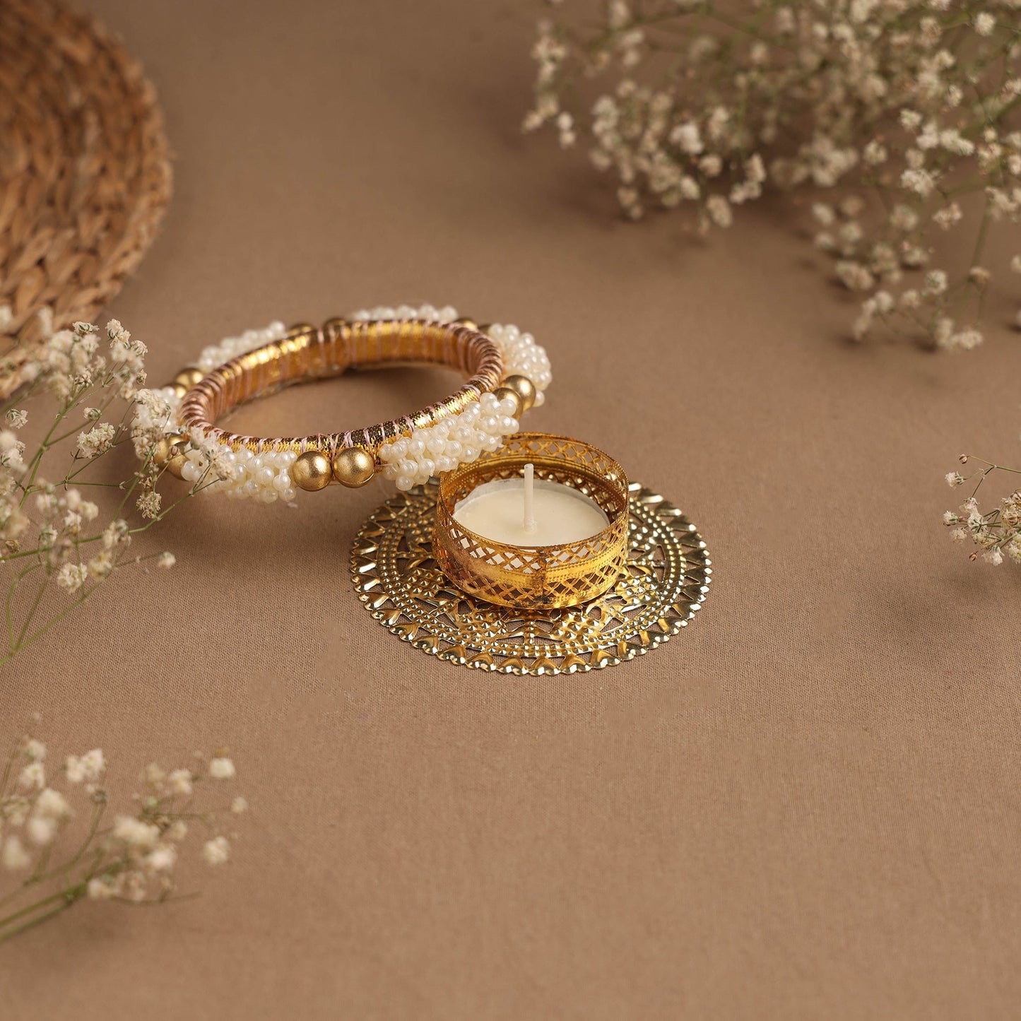 Handmade gota & bead work tealight candle holder 11