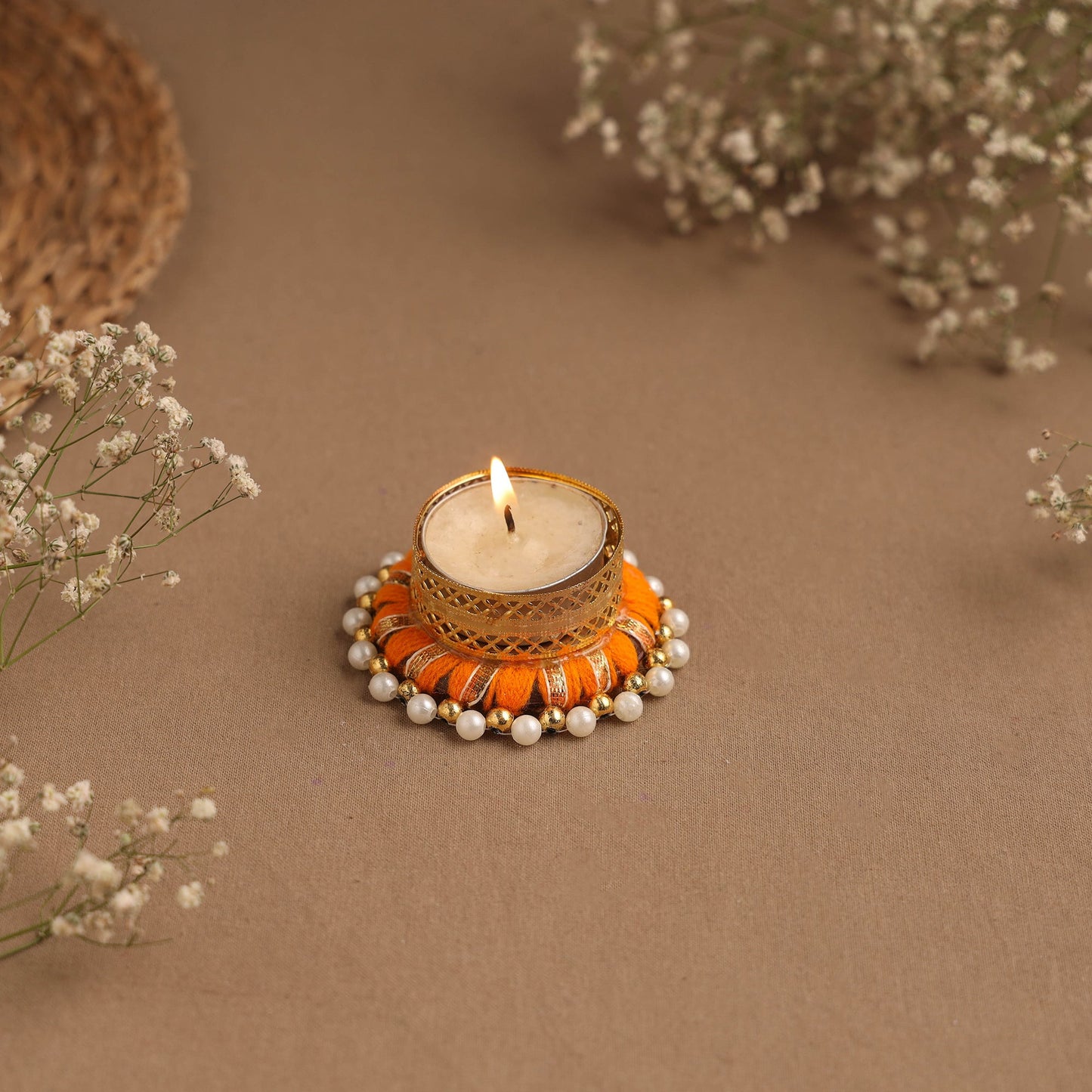 Handmade gota & bead work tealight candle holder 13