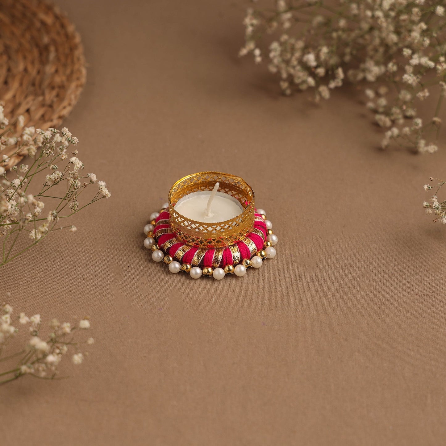 Handmade gota & bead work tealight candle holder 15