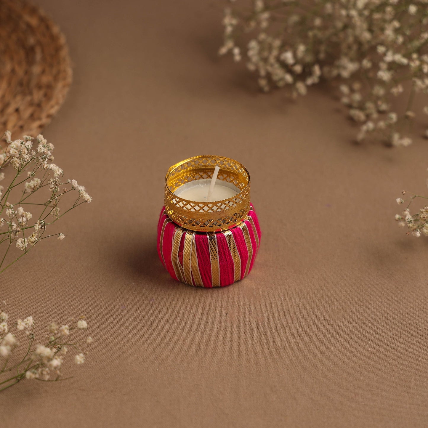 Handmade gota work damru tealight candle holder 08
