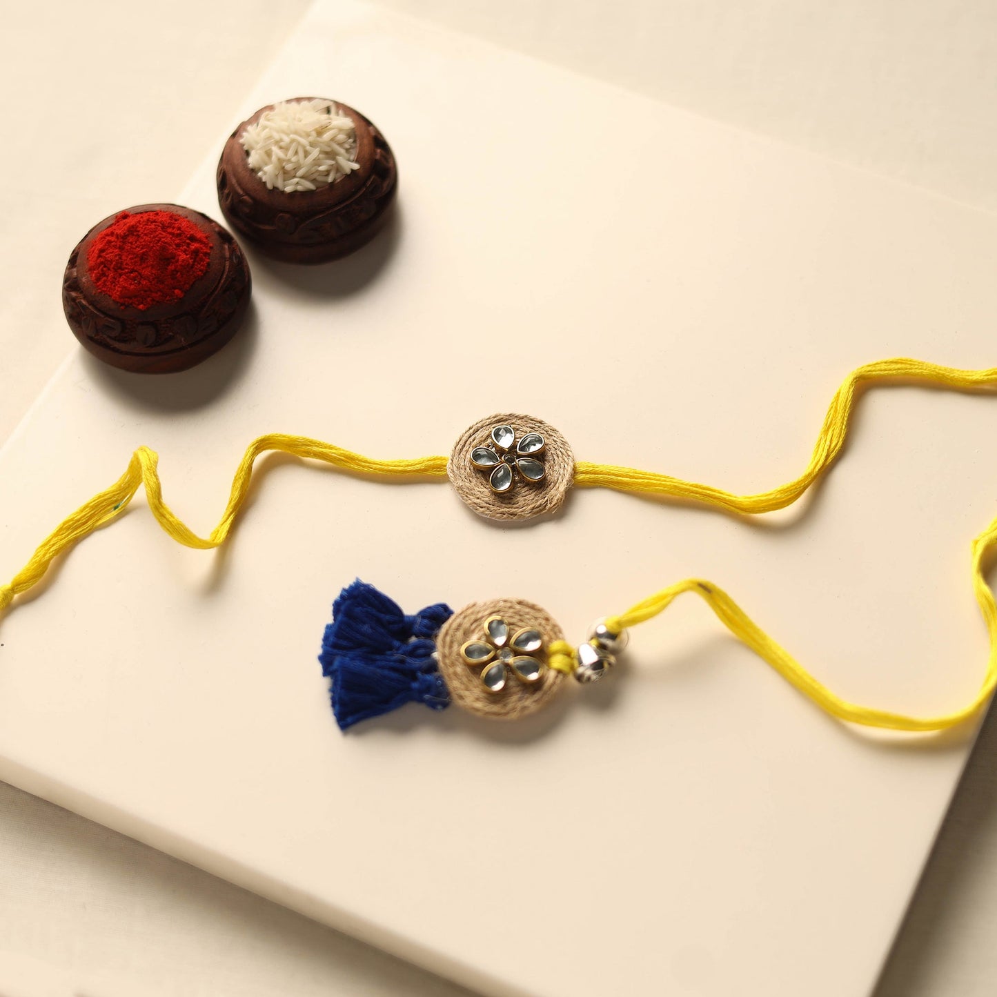 Handmade Kundan Work Jute Rakhi & Lumba Set