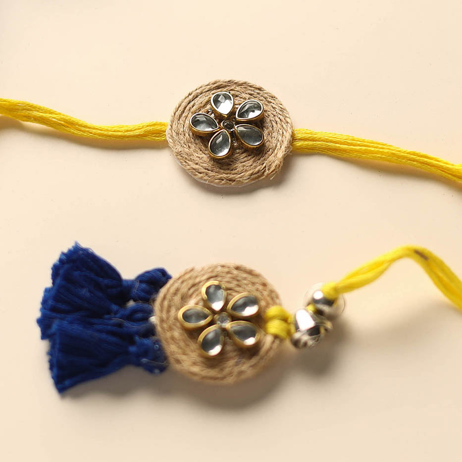 Handmade Kundan Work Jute Rakhi & Lumba Set