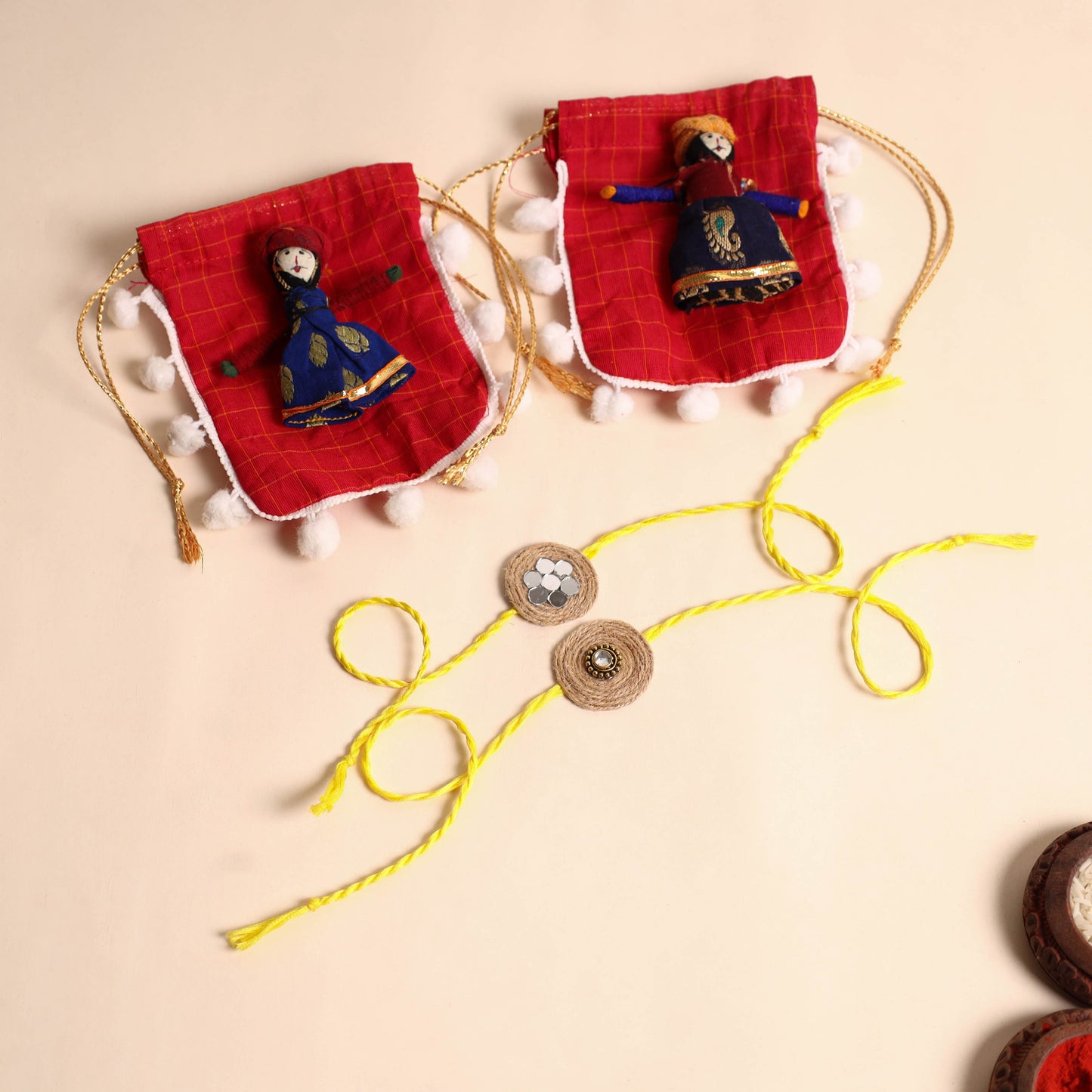  Handmade Mirror & Stone Work Jute Rakhi (Set of 2)