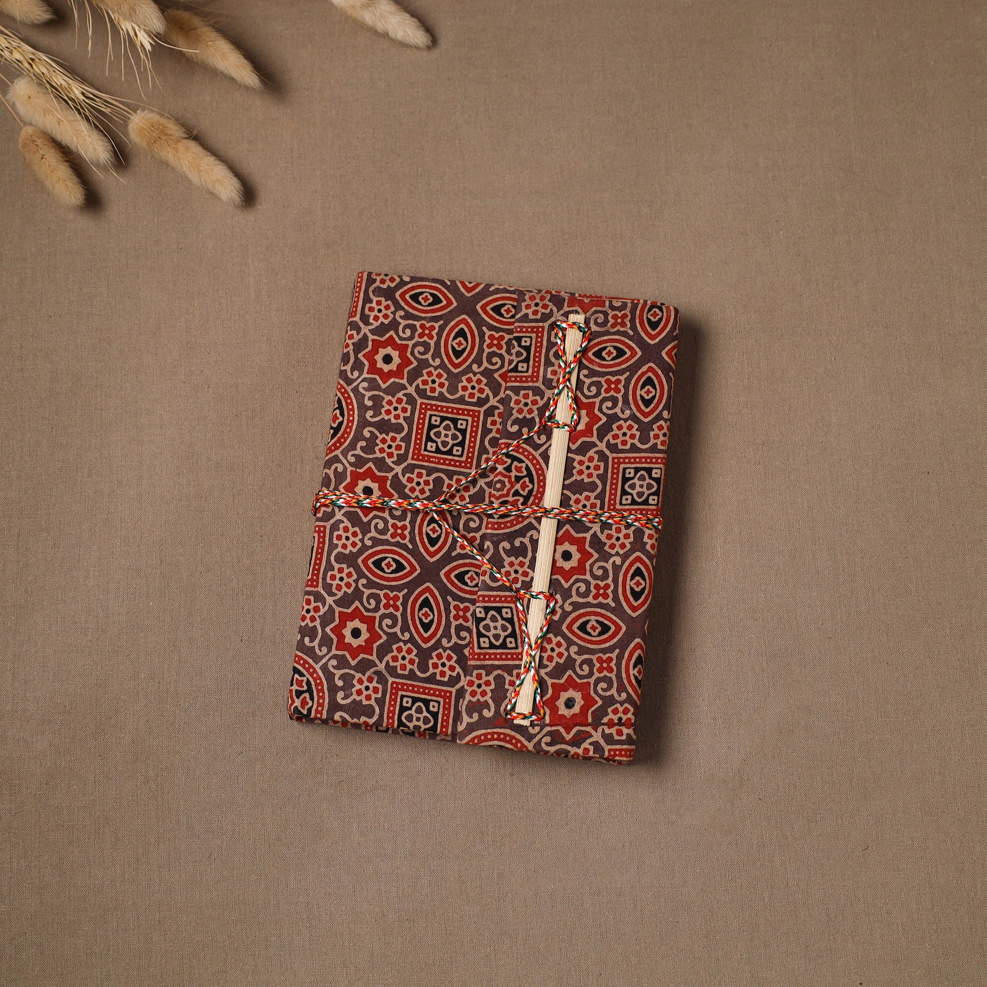 Red Handmade Paper Notebook in Ajrakh Fabric Cover with Thread Lock