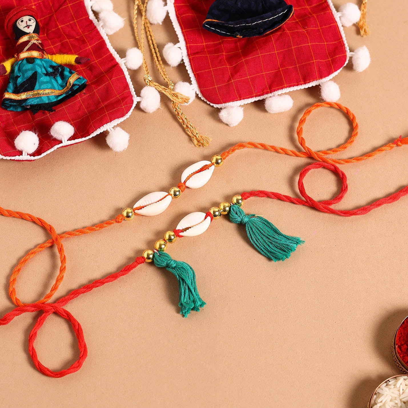  Handmade Shell & Bead Work Rakhi & Lumba Set