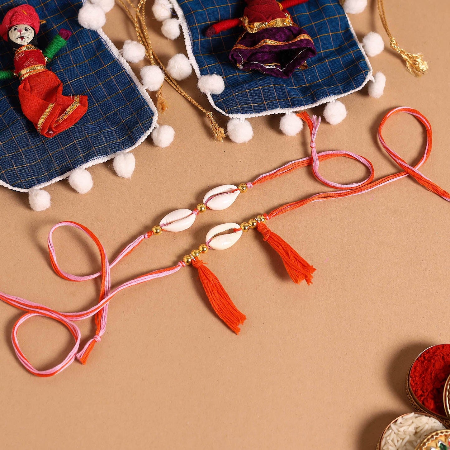  Handmade Shell & Bead Work Rakhi & Lumba Set