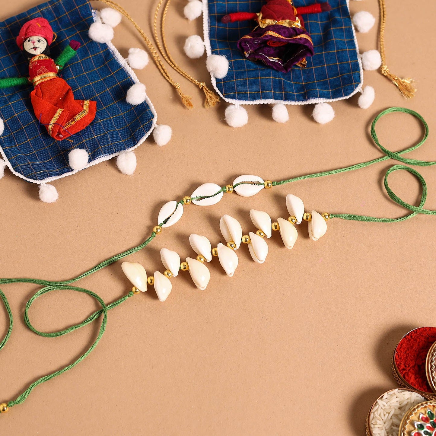  Handmade Shell & Bead Work Rakhi & Lumba Set