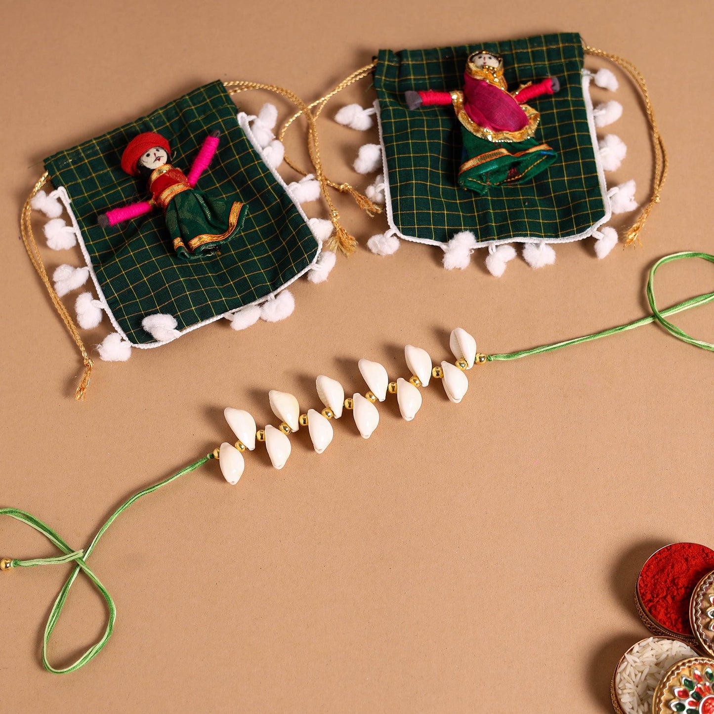  Handmade Shell & Bead Work Rakhi & Lumba Set