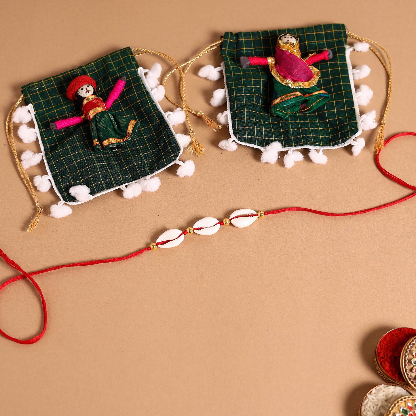  Handmade Shell & Bead Work Rakhi & Lumba Set