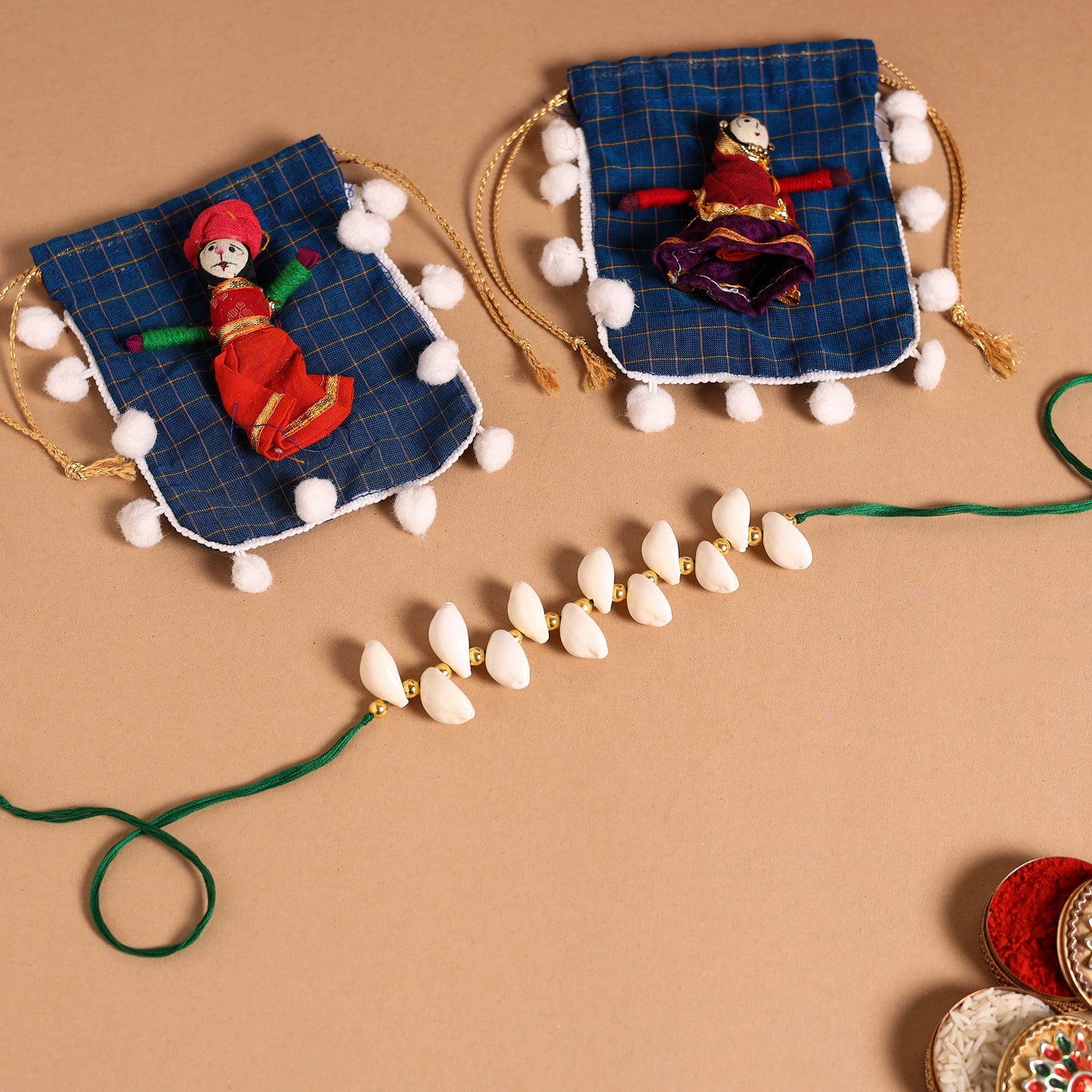  Handmade Shell & Bead Work Rakhi & Lumba Set