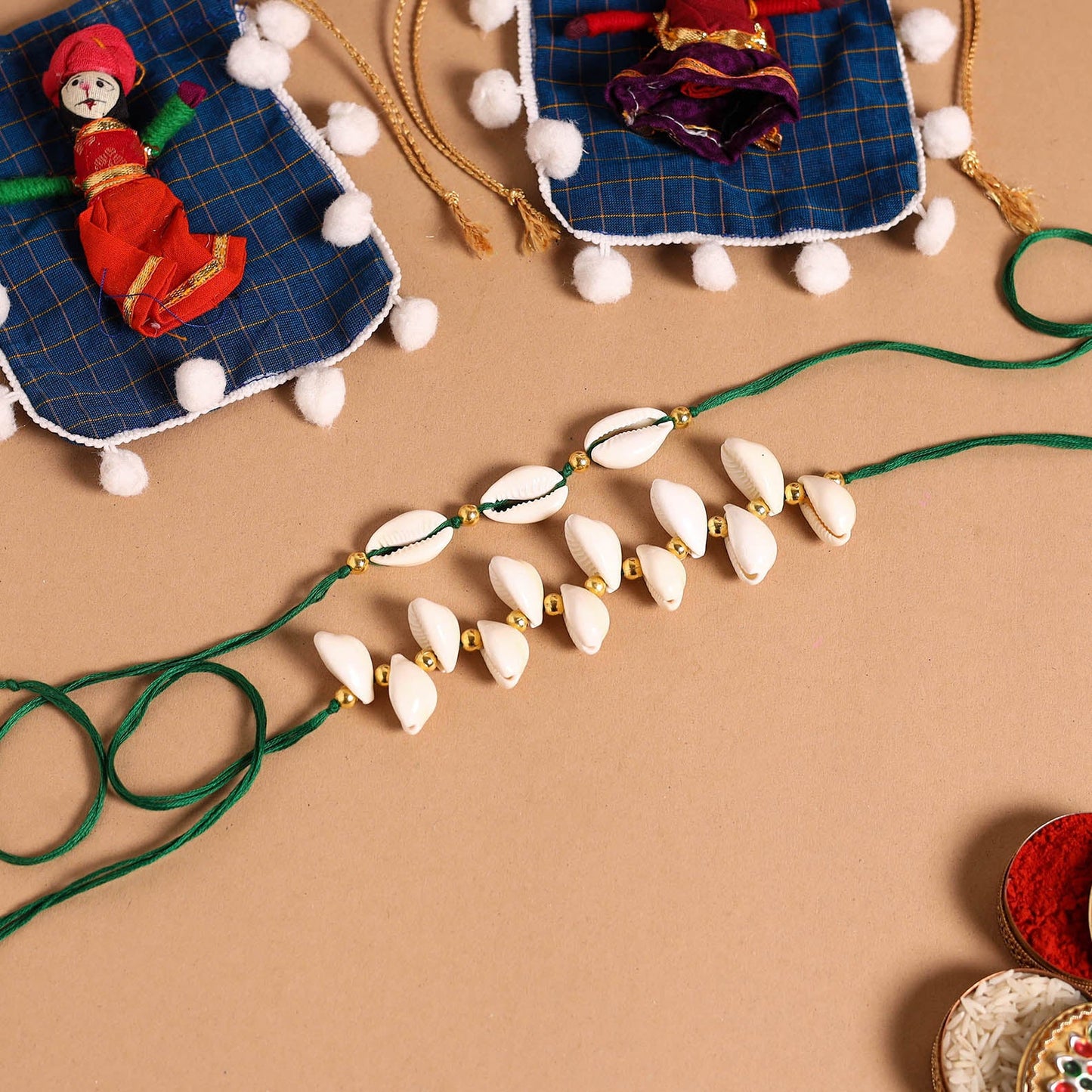  Handmade Shell & Bead Work Rakhi & Lumba Set