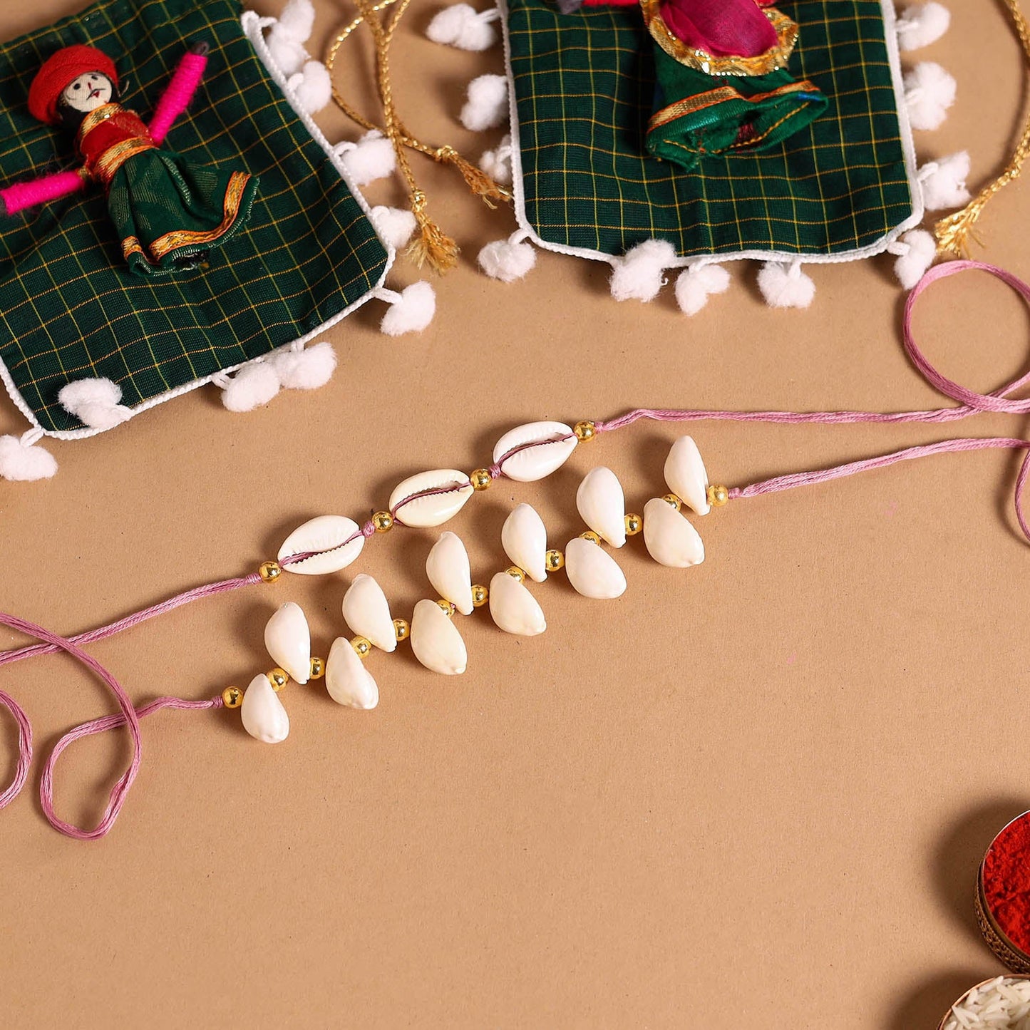  Handmade Shell & Bead Work Rakhi & Lumba Set