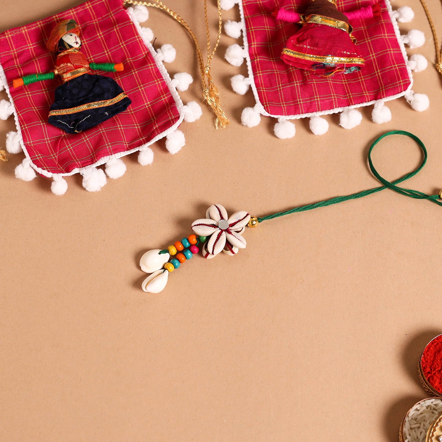  Handmade Shell & Bead Work Rakhi & Lumba Set